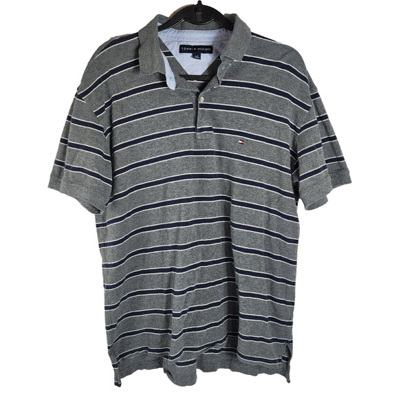 Vintage Tommy Hilfiger Blue Gray Striped Polo Shirt Logo Men Size Large - Picture 1 of 3